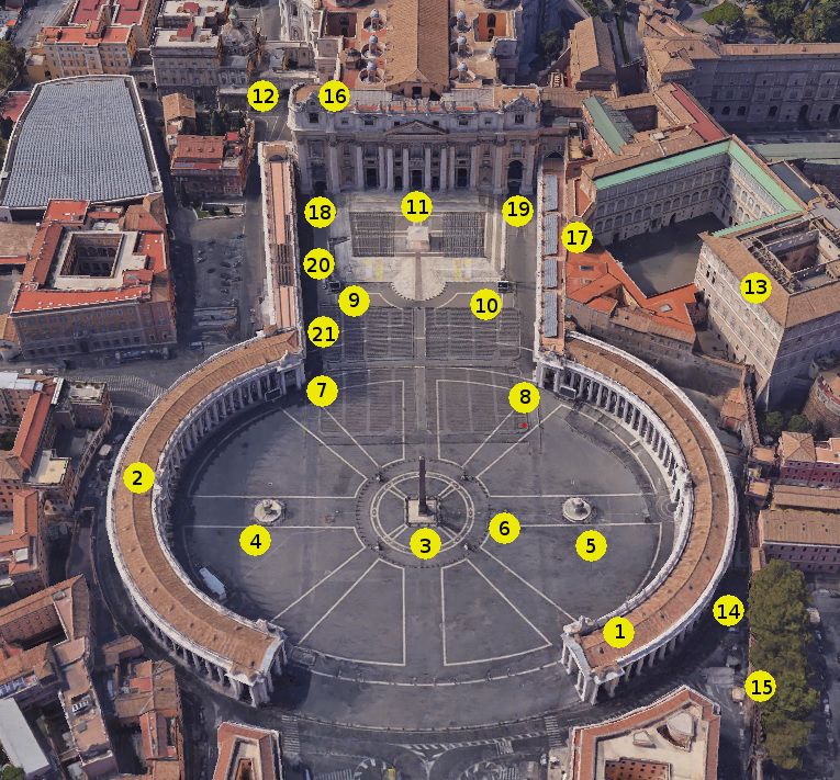 Схема расположения достопримечательностей на площади Собора Св. Петра в Ватикане